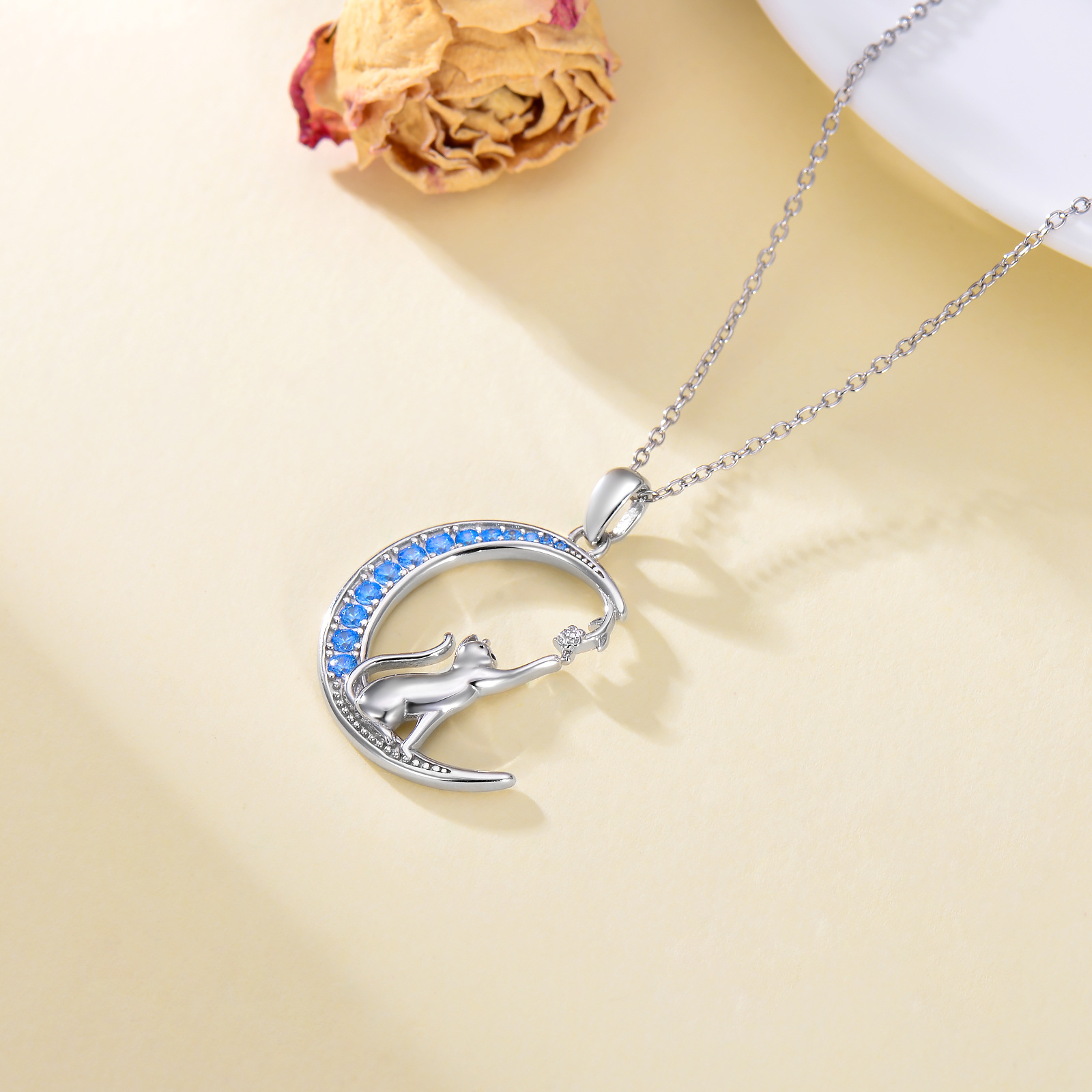 Women's Cat Necklace with Rose Flower and Moon Pendant